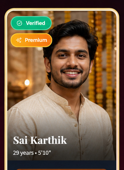 Young South Indian man in cream kurta smiling warmly with temple background lighting