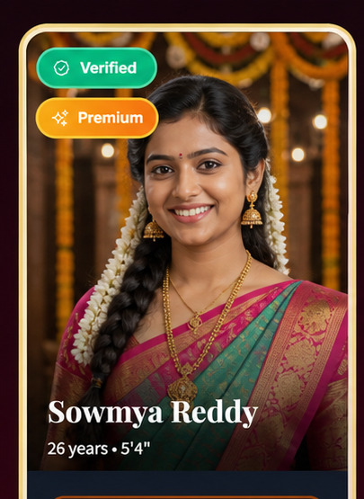 Young South Indian woman in traditional red and green silk saree with jasmine flowers in hair and gold jewellery